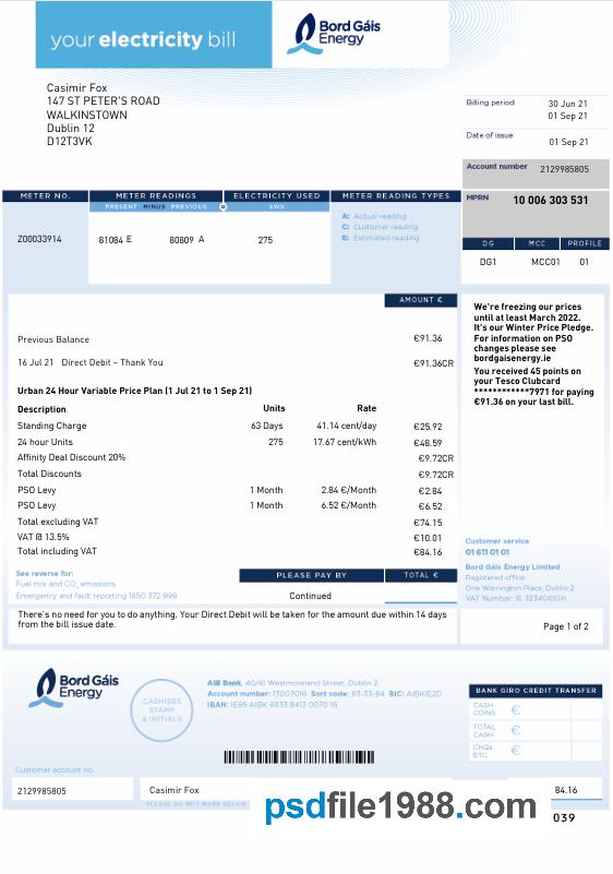 Ireland Bord Gais Energy Electricity Bill